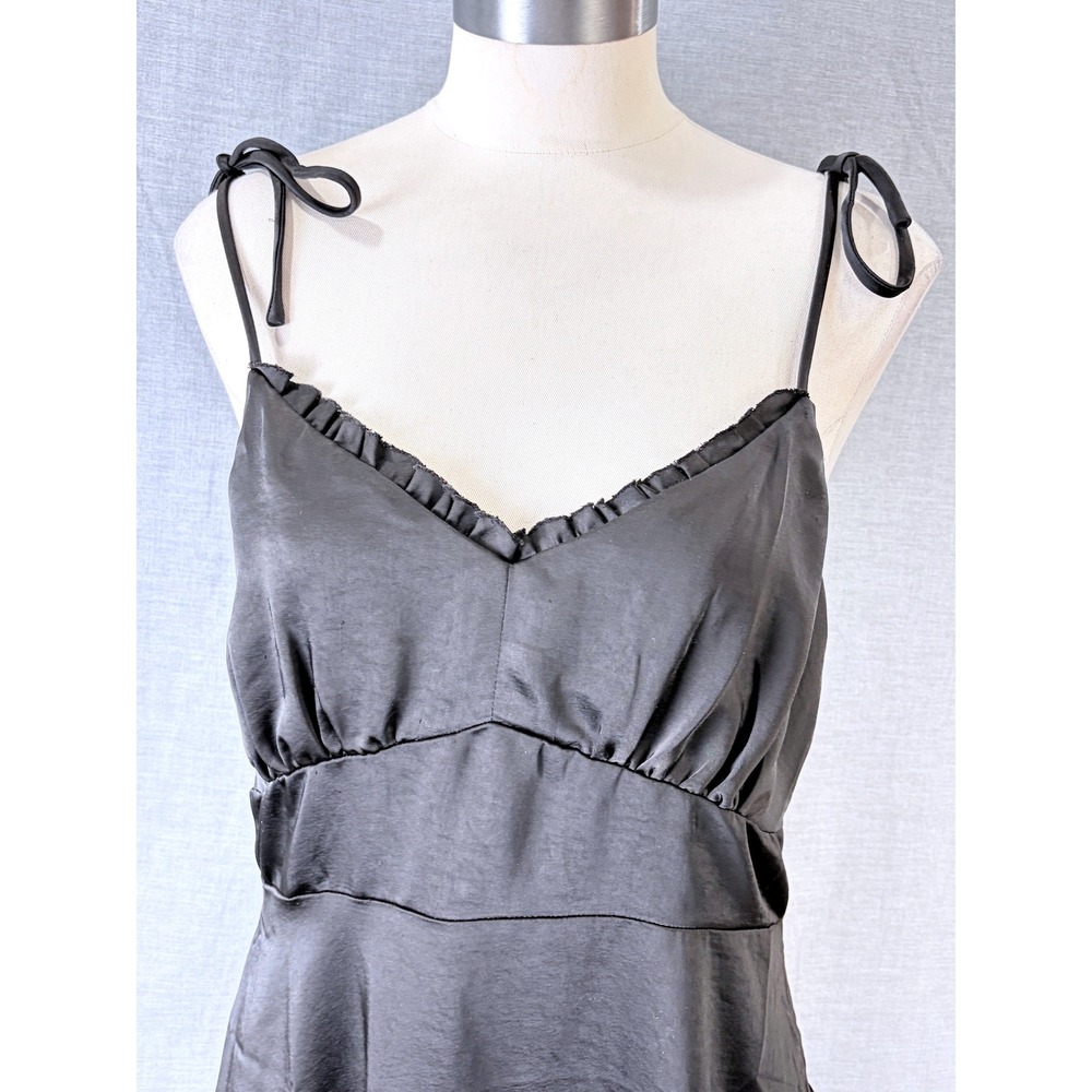 Nine West Black Satin Midi Dress Ruffle V-Neck Empire Waist Tiered Hem Size - Picture 3 of 10
